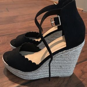 Black Suede Scalloped Wedges